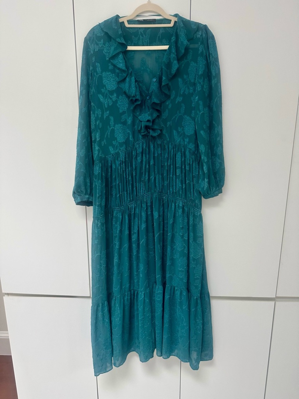Zara midi Teal Ruffle V-Neck Long Sleeve Dress